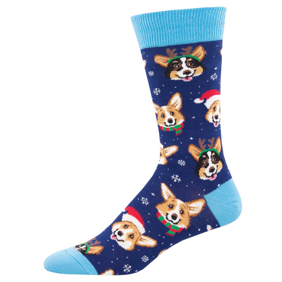 A pair of blue men's crew socks with a pattern of corgis wearing Santa hats.