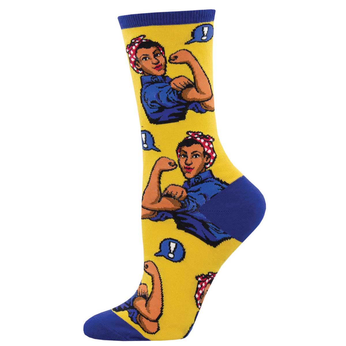 Women's Cotton Crew Socks - Rosie the Riveter with Brown Skin Motif - Yellow and Blue - Socksmith