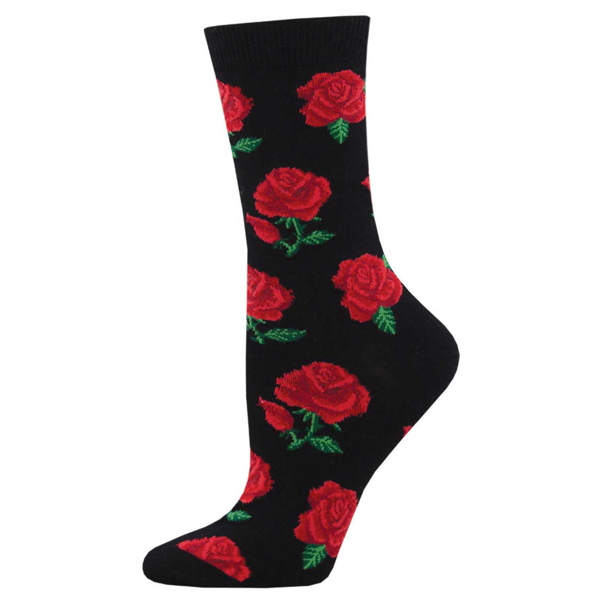 A black sock with a pattern of red roses and green leaves on the ankle area.