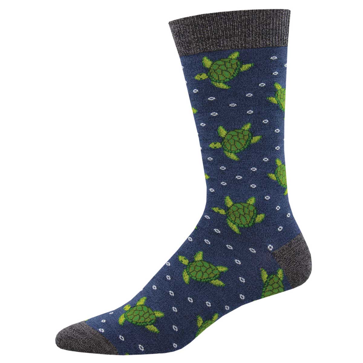A pair of blue bamboo socks with a pattern of green sea turtles and white bubbles.