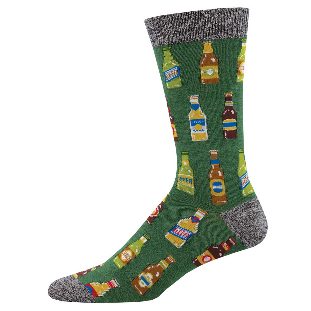 A pair of men's socks with a pattern of various beverage bottles, predominantly beer bottles, on a green background with grey at the cuffs.
