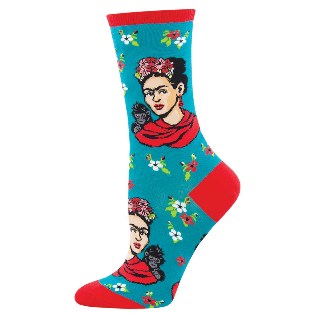 A pair of colorful blue crew socks featuring illustrations of Frida Kahlo with a floral motif.