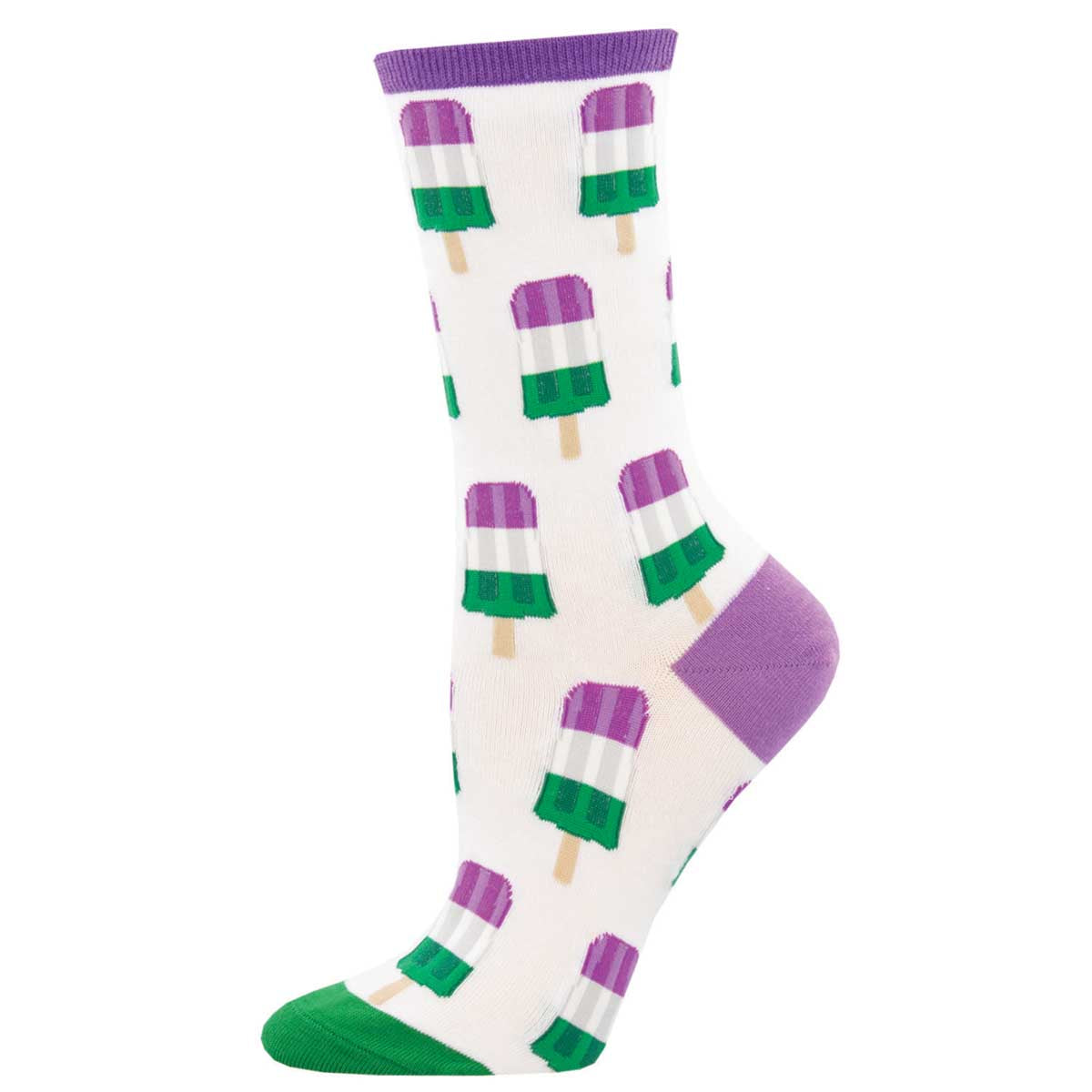 A pair of white crew socks with green and purple popsicle patterns and purple trim.