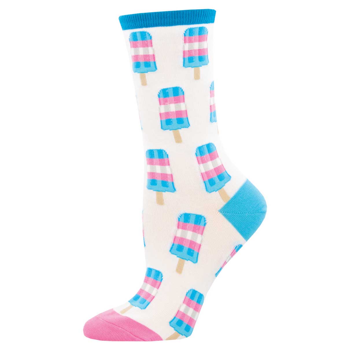 A pair of white crew socks with a pattern of blue and pink striped popsicles, and blue and pink solid color blocks at the top and bottom of the socks.