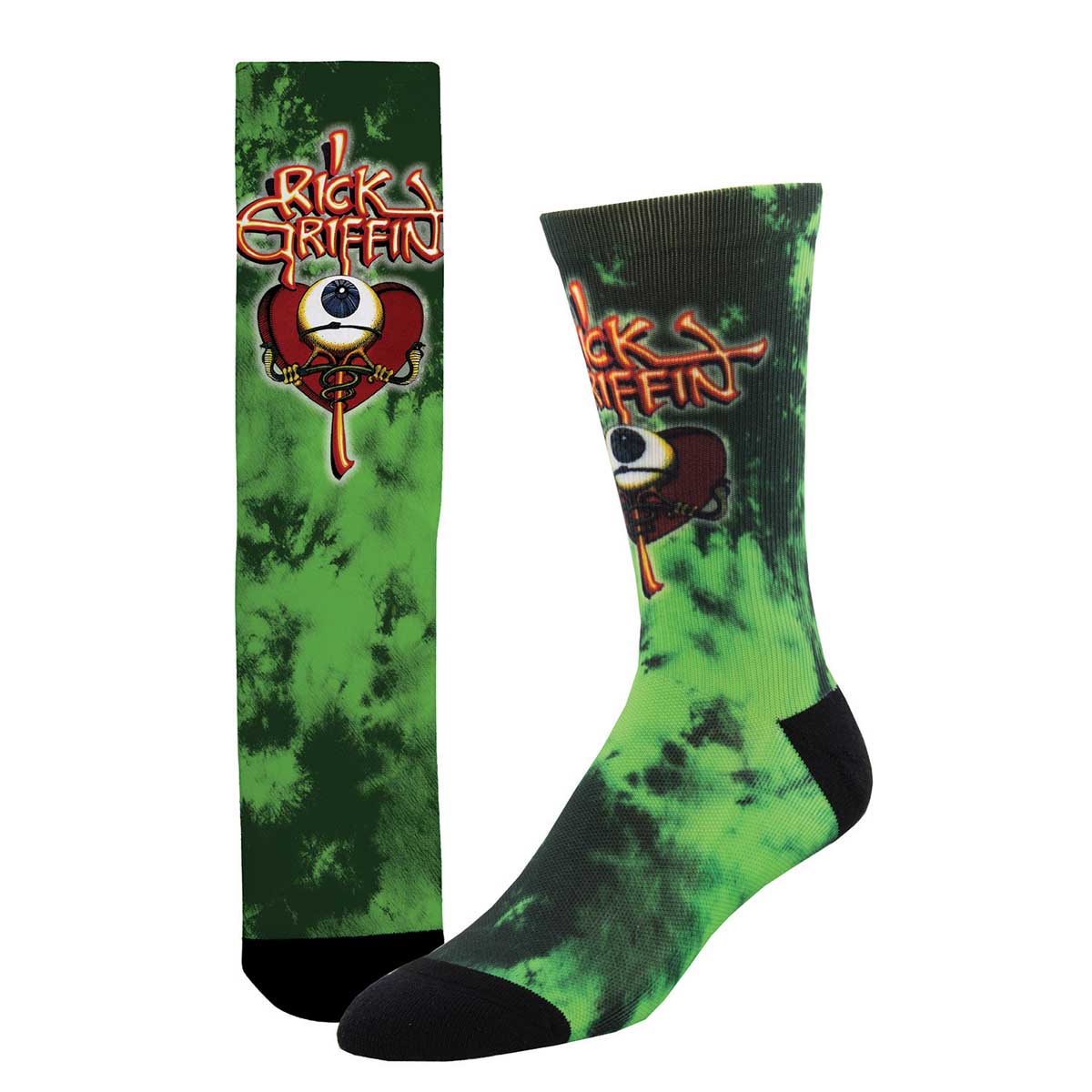 A pair of socks with a 3D printed design featuring text and a graphic that resembles a stylized eye and floral elements, predominantly in green color.
