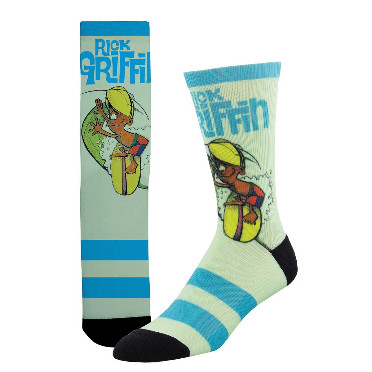 A pair of colorful socks featuring a psychedelic design and the text 'Rick Griffin'.