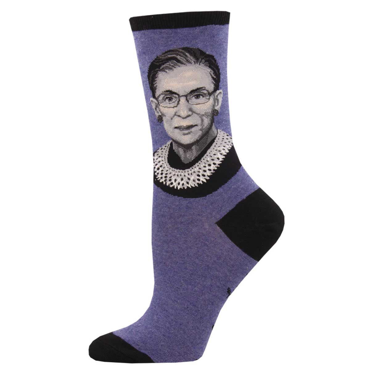 A pair of women's crew socks featuring a portrait of Ruth Bader Ginsburg on a purple background with black trim.