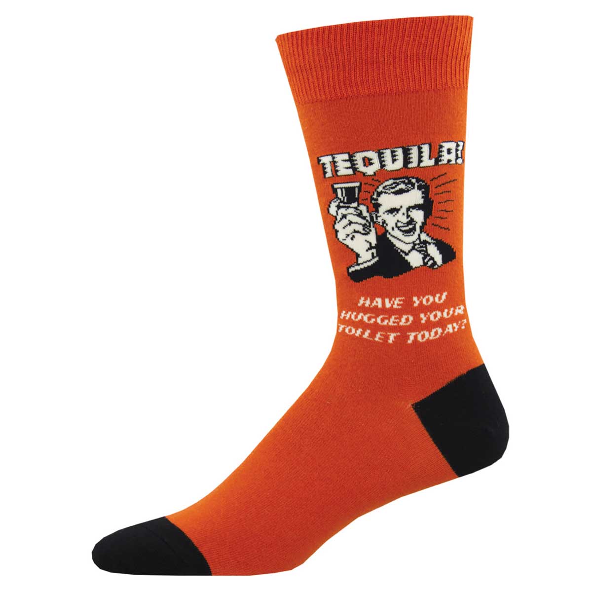 A pair of orange crew socks with a text stating "Have you hugged your toilet today?" and graphic design featuring a character holding a tequila shot glass.