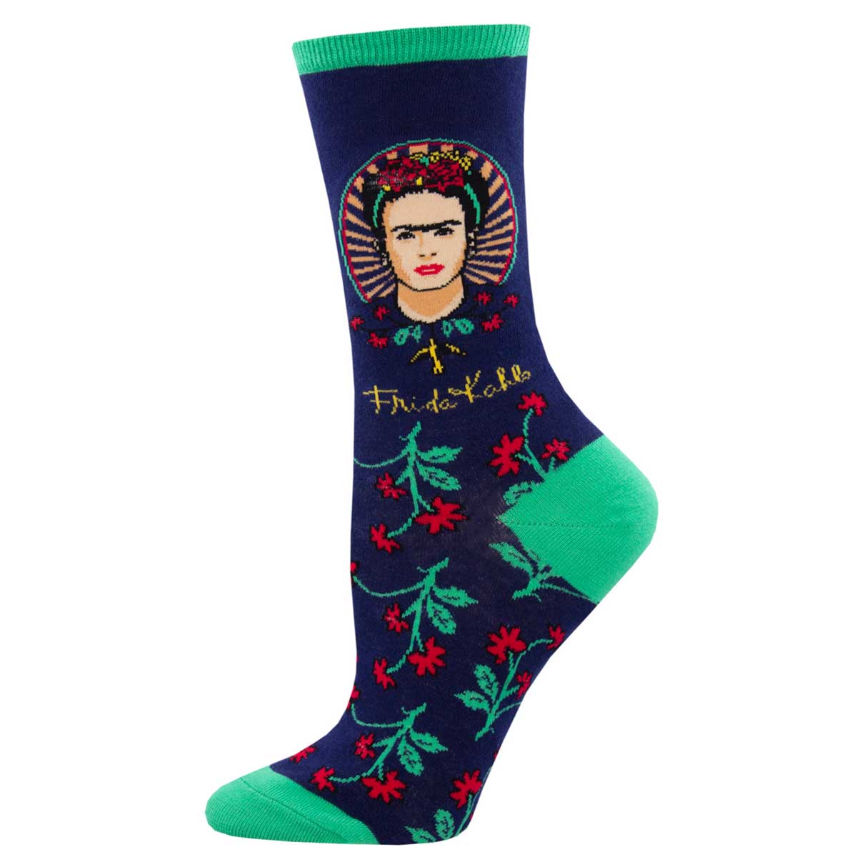 A pair of colorful crew socks featuring a portrait of Frida Kahlo surrounded by floral patterns.