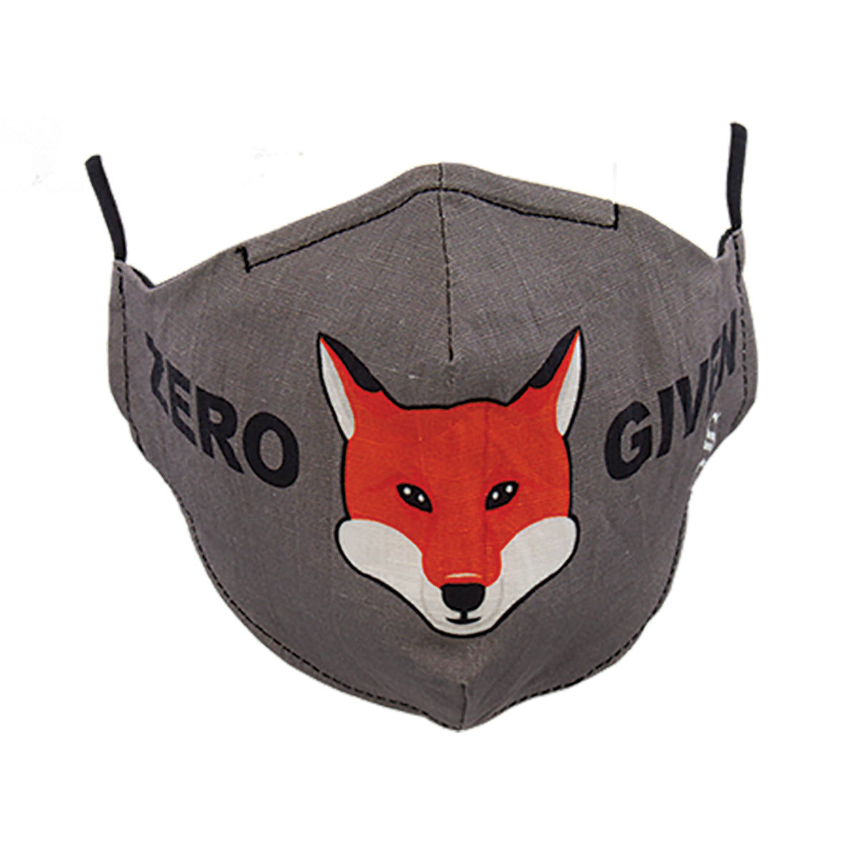 A gray fabric face mask with a cartoon image of a fox and the text 'ZERO (Fox) GIVEN'.