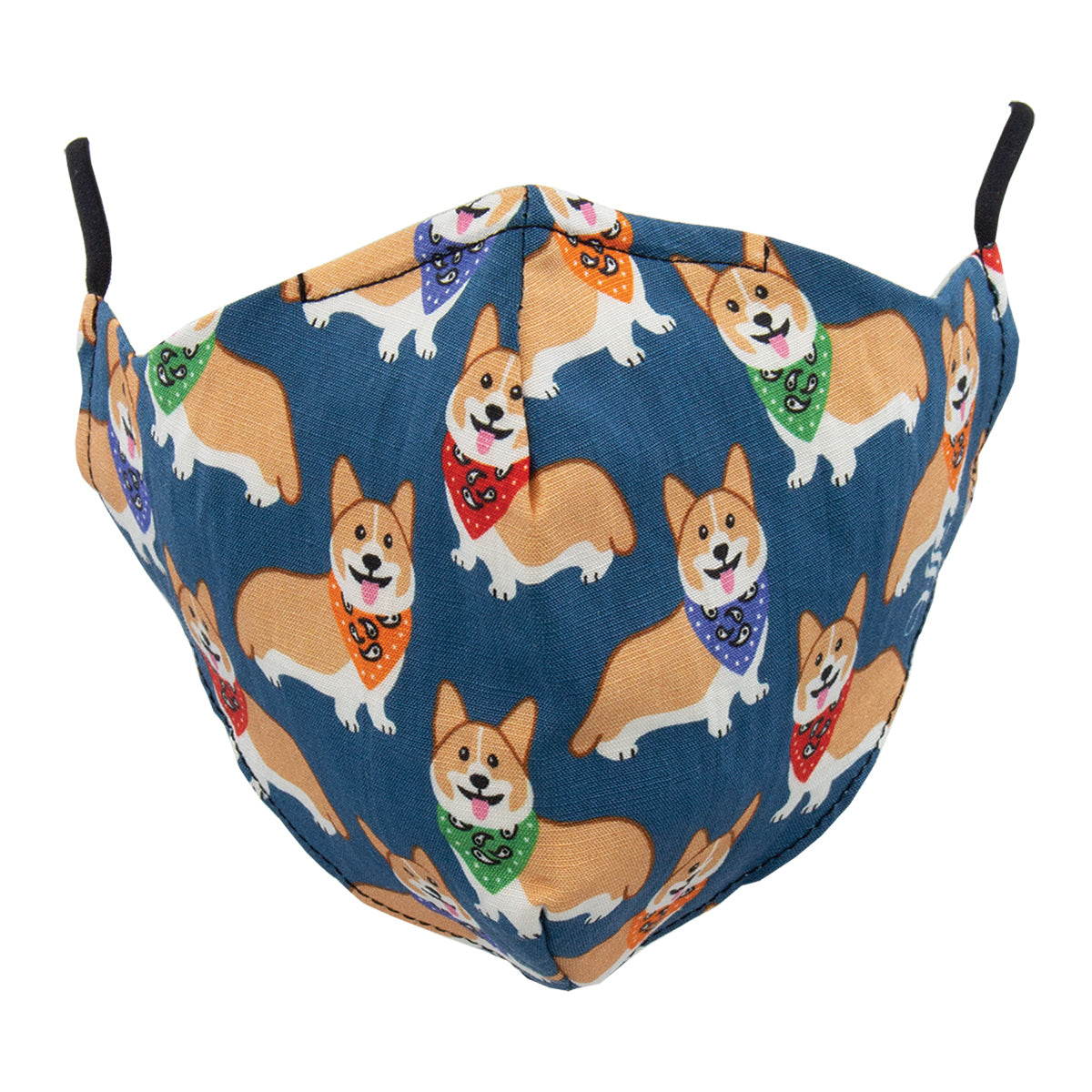 A fabric face mask with a blue background and a pattern of corgi dogs in various poses.