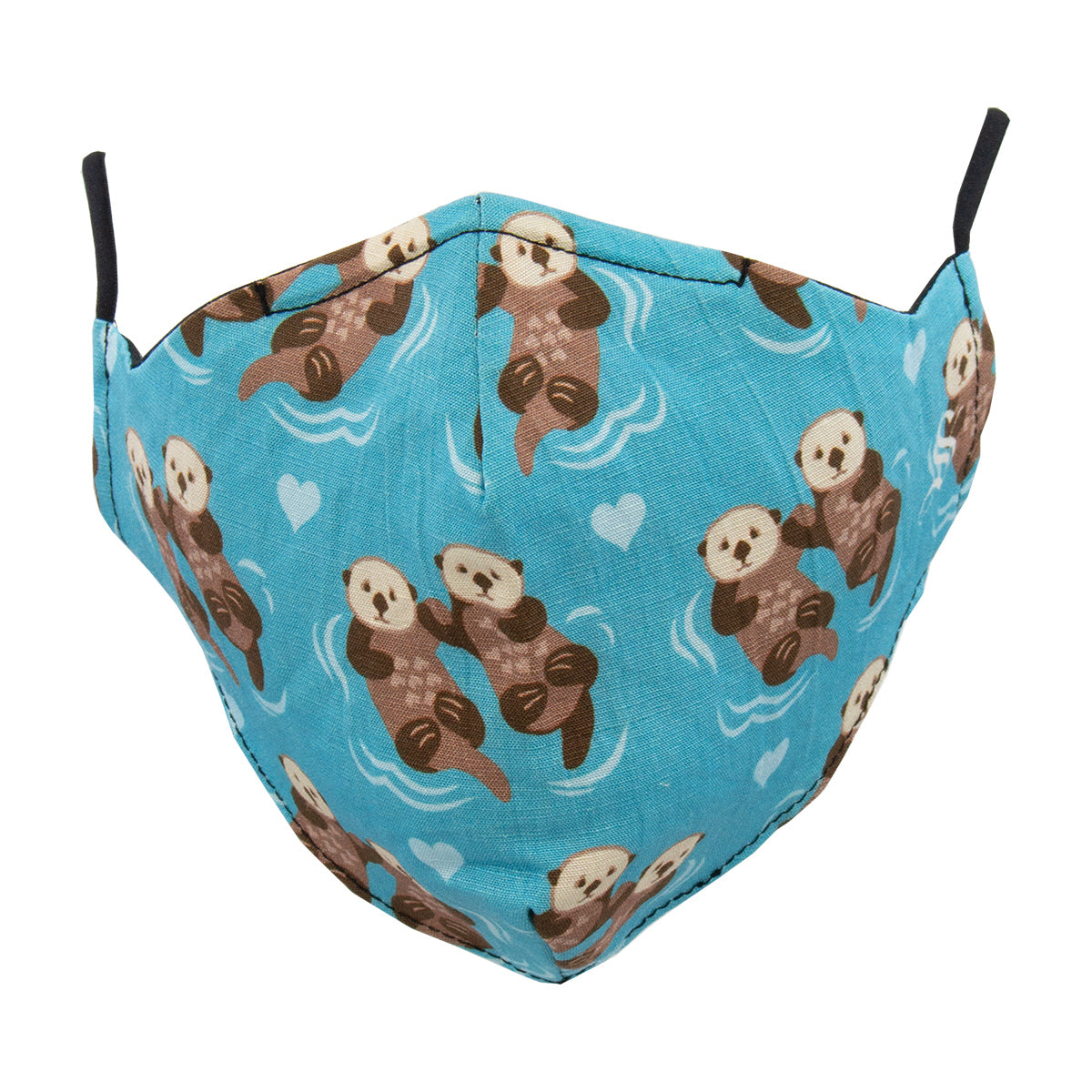A fabric face mask with a blue background featuring cartoon otters and hearts pattern, with black ear loops.