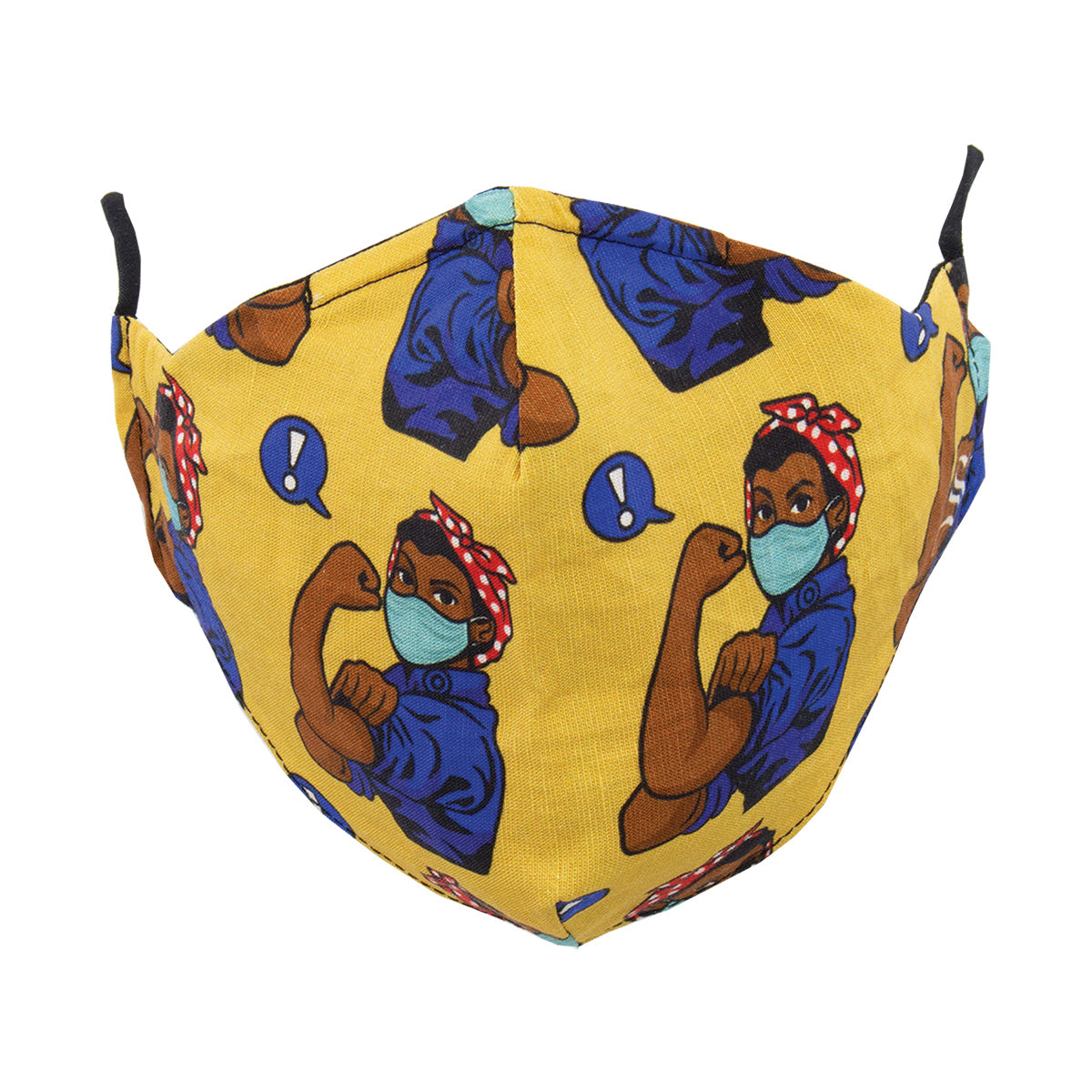 A fabric face mask with a pattern featuring an illustration of a woman flexing her muscles, reminiscent of the 'We Can Do It!' iconic image.