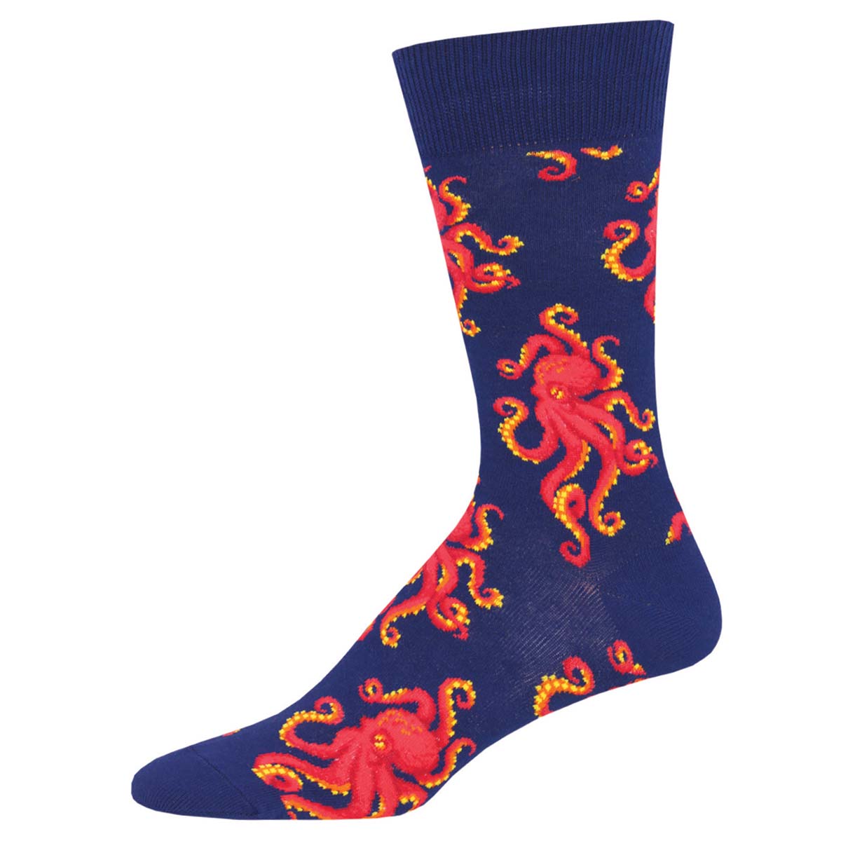 Men's Cotton Crew Socks - Red Octopus Design on Blue Background - Socksmith