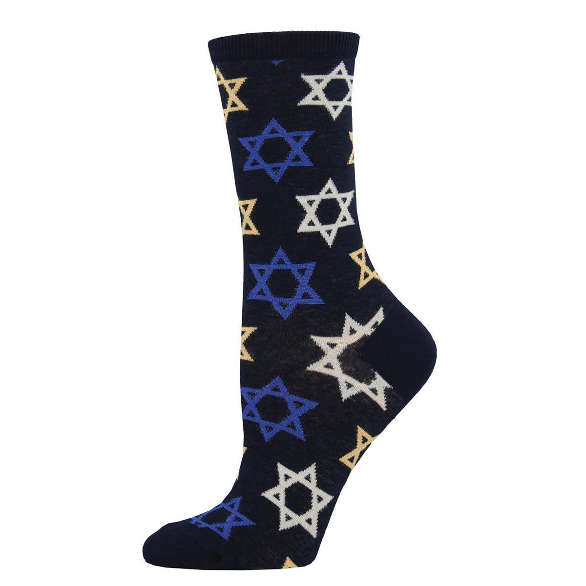 A pair of navy crew socks featuring the Star of David in three complementing colors.