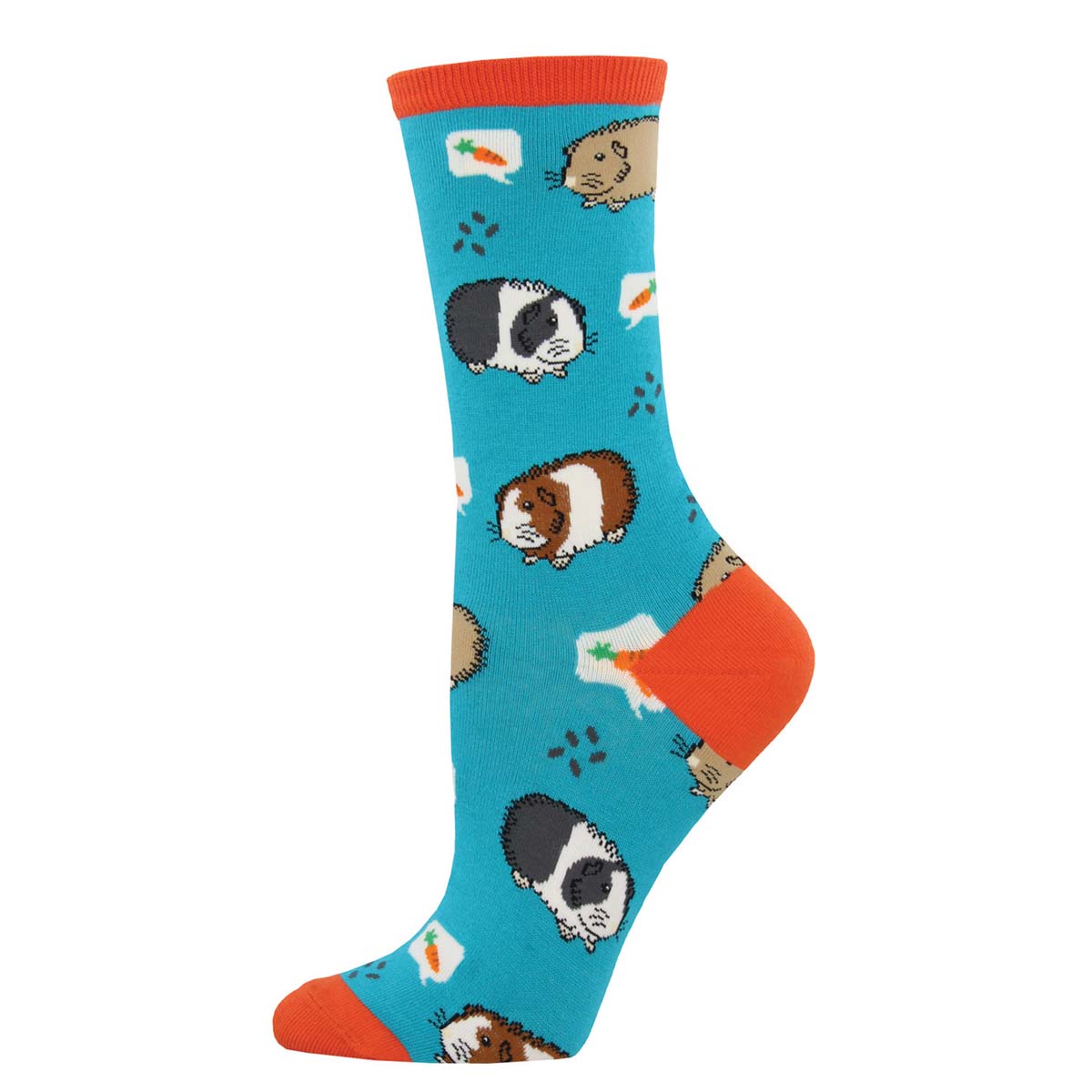 A pair of colorful crew socks featuring illustrations of guinea pigs and carrots on a blue background with orange trim.