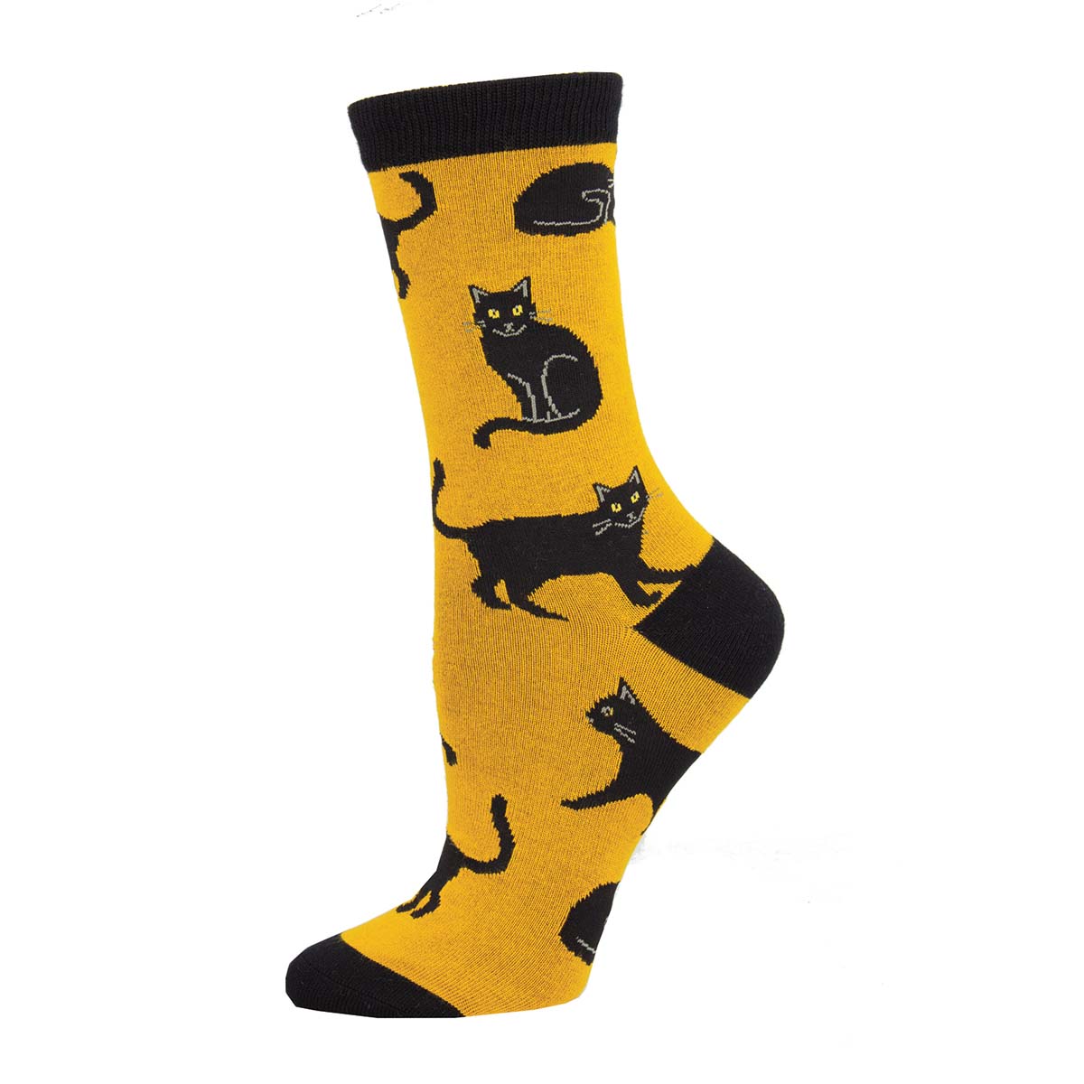 A pair of gold socks with black cat patterns.