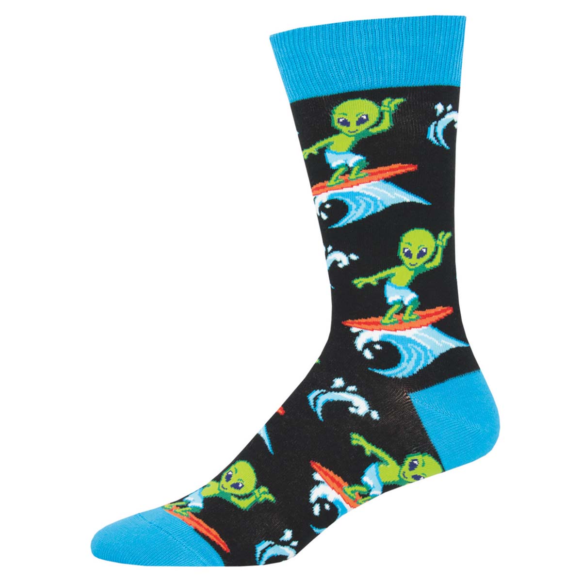 A pair of black men's crew socks with a pattern of green aliens surfing on waves.