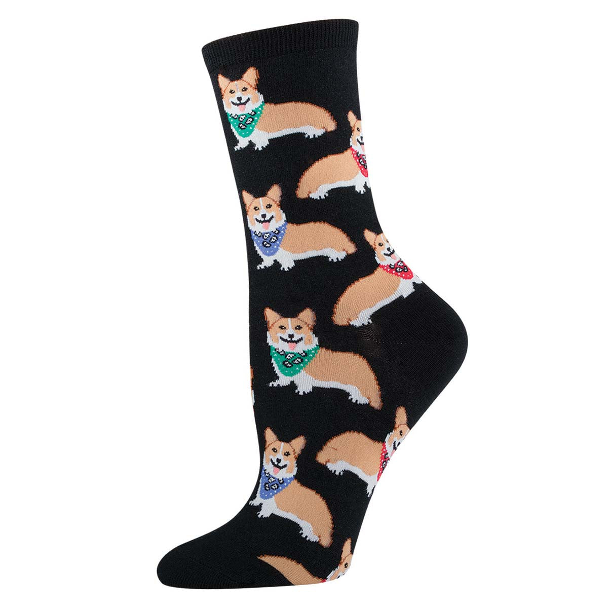 A pair of black socks featuring a pattern of corgi dogs wearing bandanas.