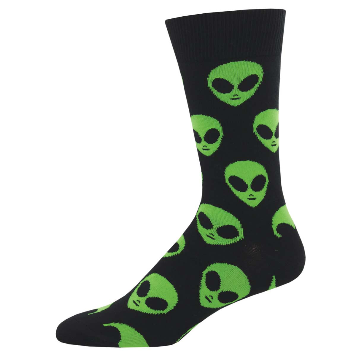 A pair of black crew socks with a pattern of green alien heads