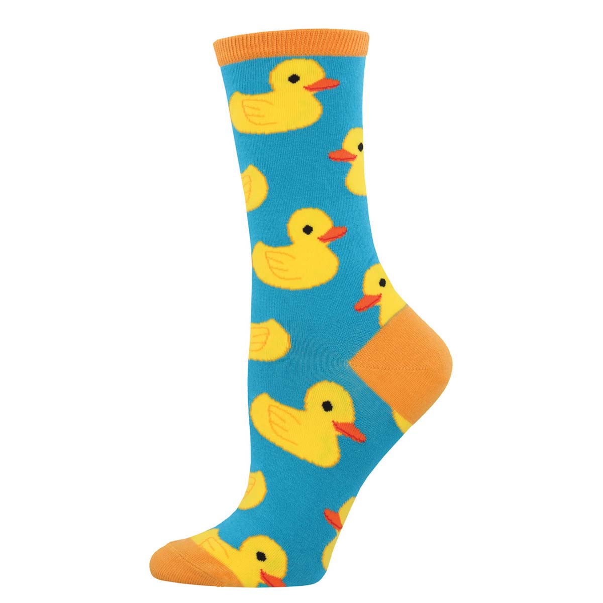 A pair of colorful socks featuring a pattern of yellow rubber ducks on a blue background with an orange rim at the top.