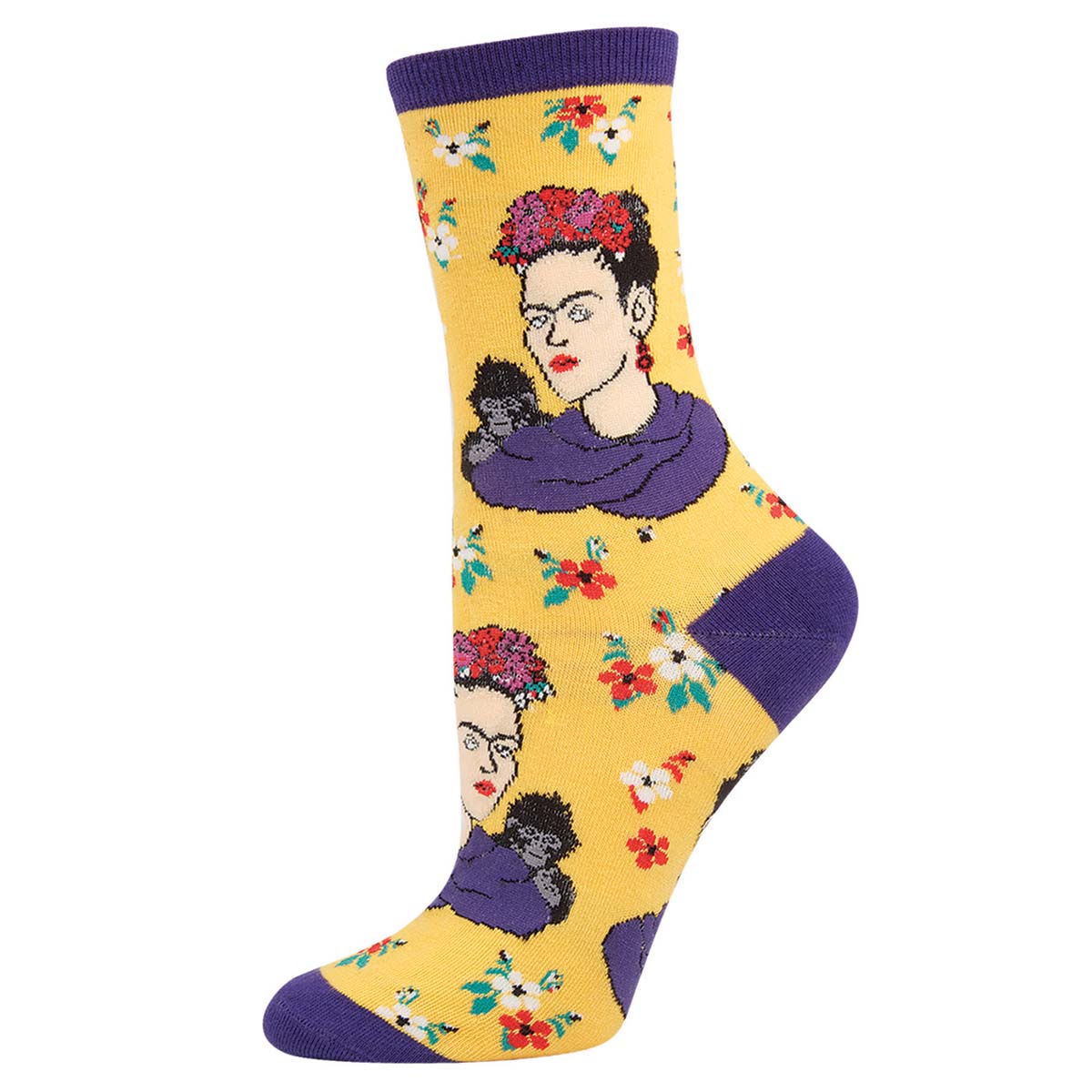 A pair of colorful yellow crew socks featuring illustrations of Frida Kahlo with a floral motif.