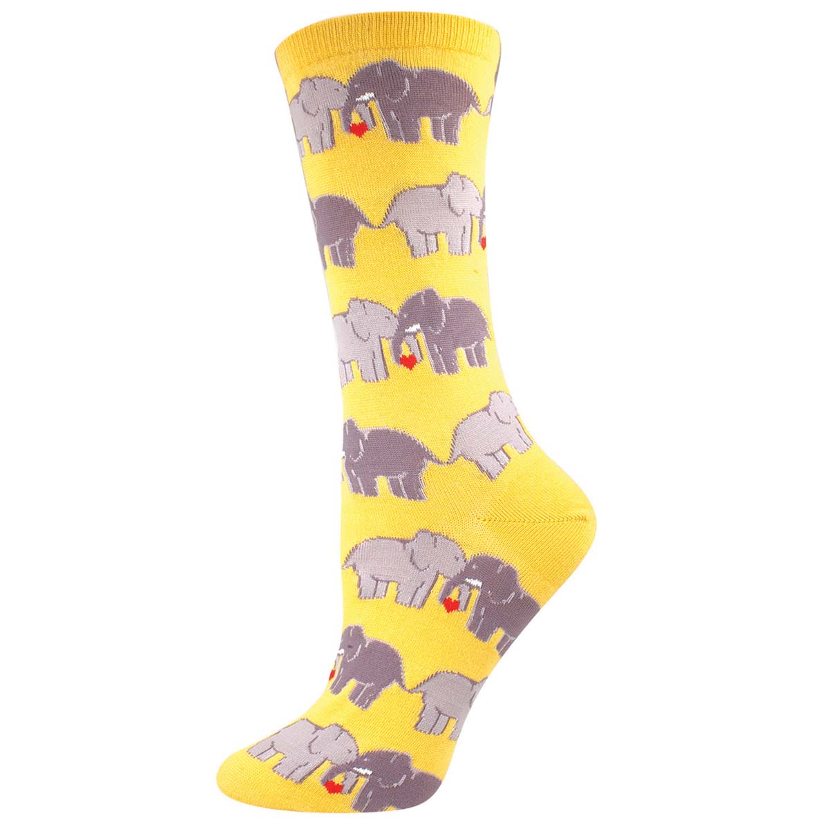 A pair of women's crew socks featuring a pattern of elephant couples holding trunks and intertwining tails, in a buttercup color.