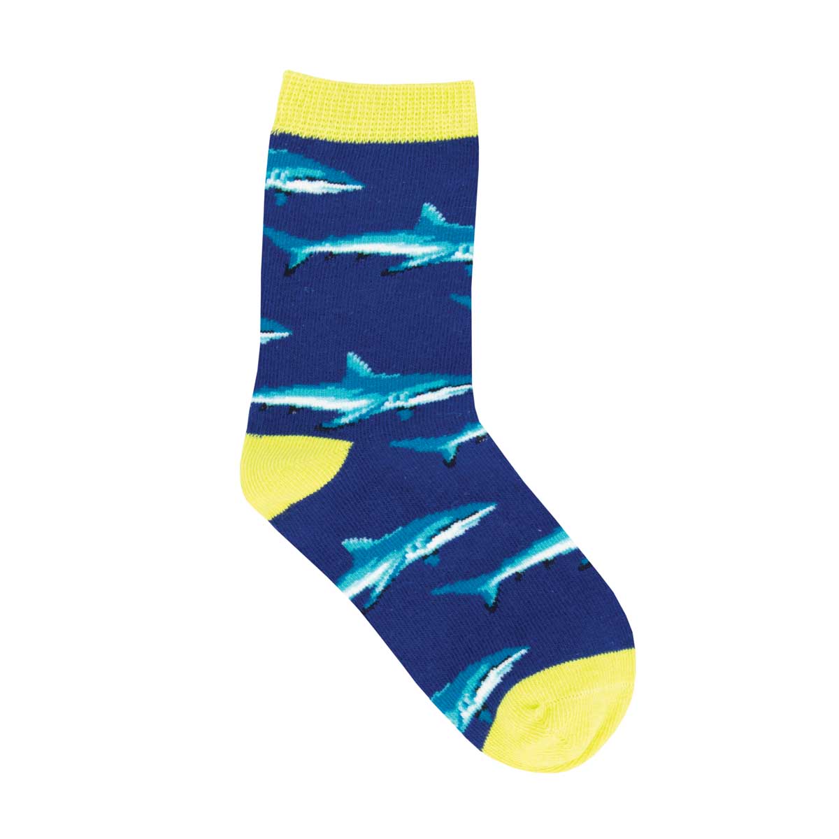 A pair of kids' socks with a pattern of blue sharks on a navy background and yellow at the heels and toes.