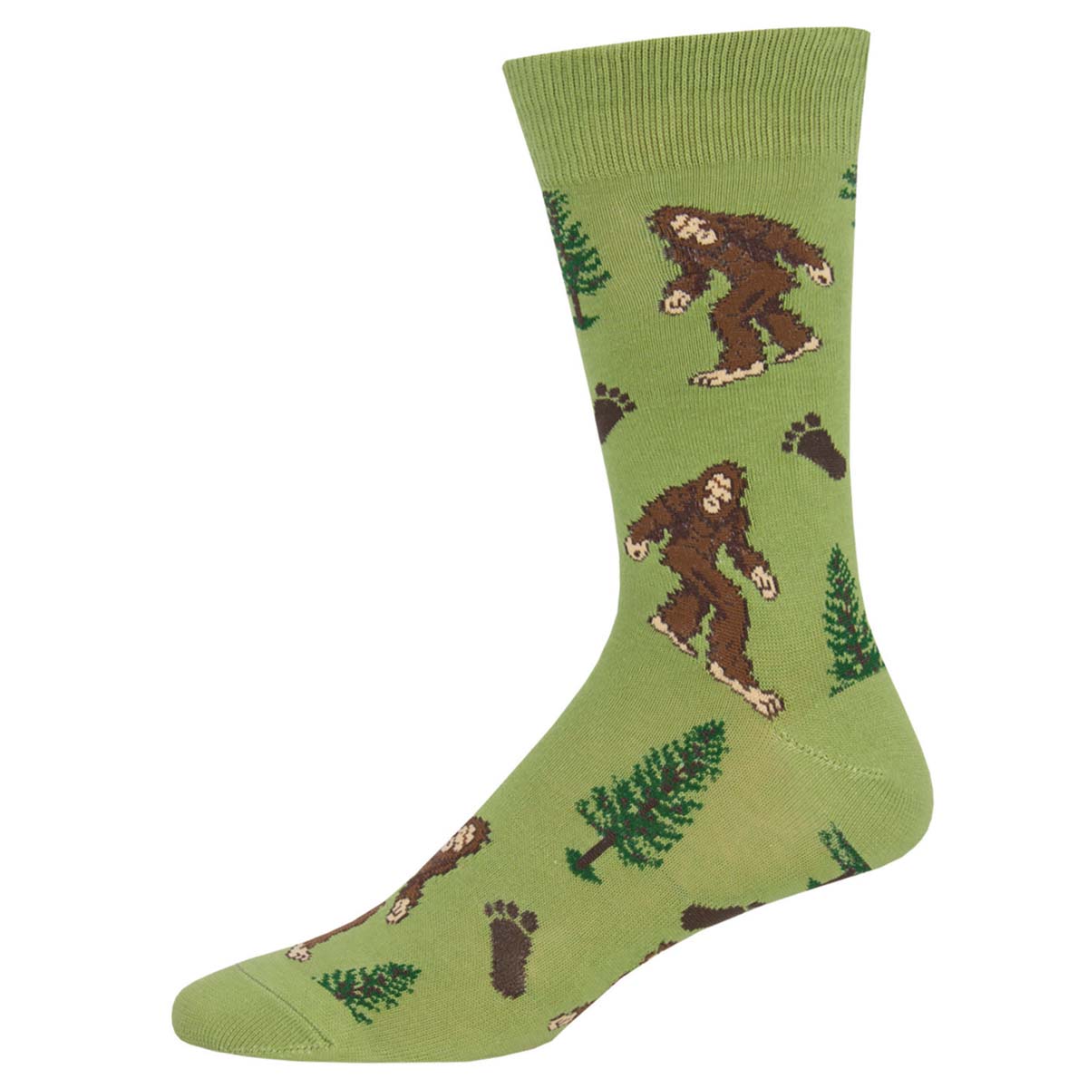 Men's Cotton Crew Socks - Bigfoot Design with Trees and Footprints - Green - Socksmith