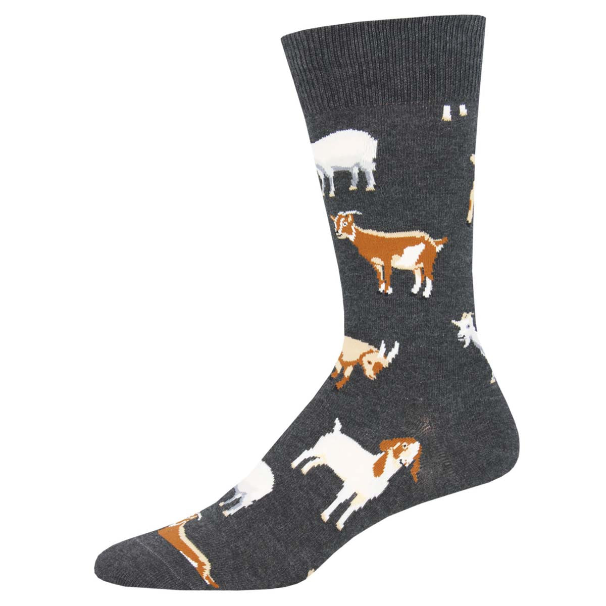 A pair of men's crew socks with a pattern of goats in various colors on a gray background.