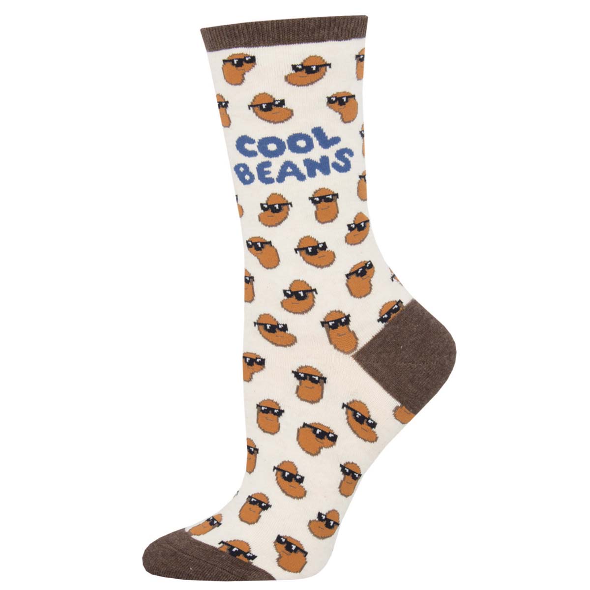 A pair of white crew socks with a pattern of coffee beans wearing sunglasses and the text 'COOL BEANS' on the ankle area.