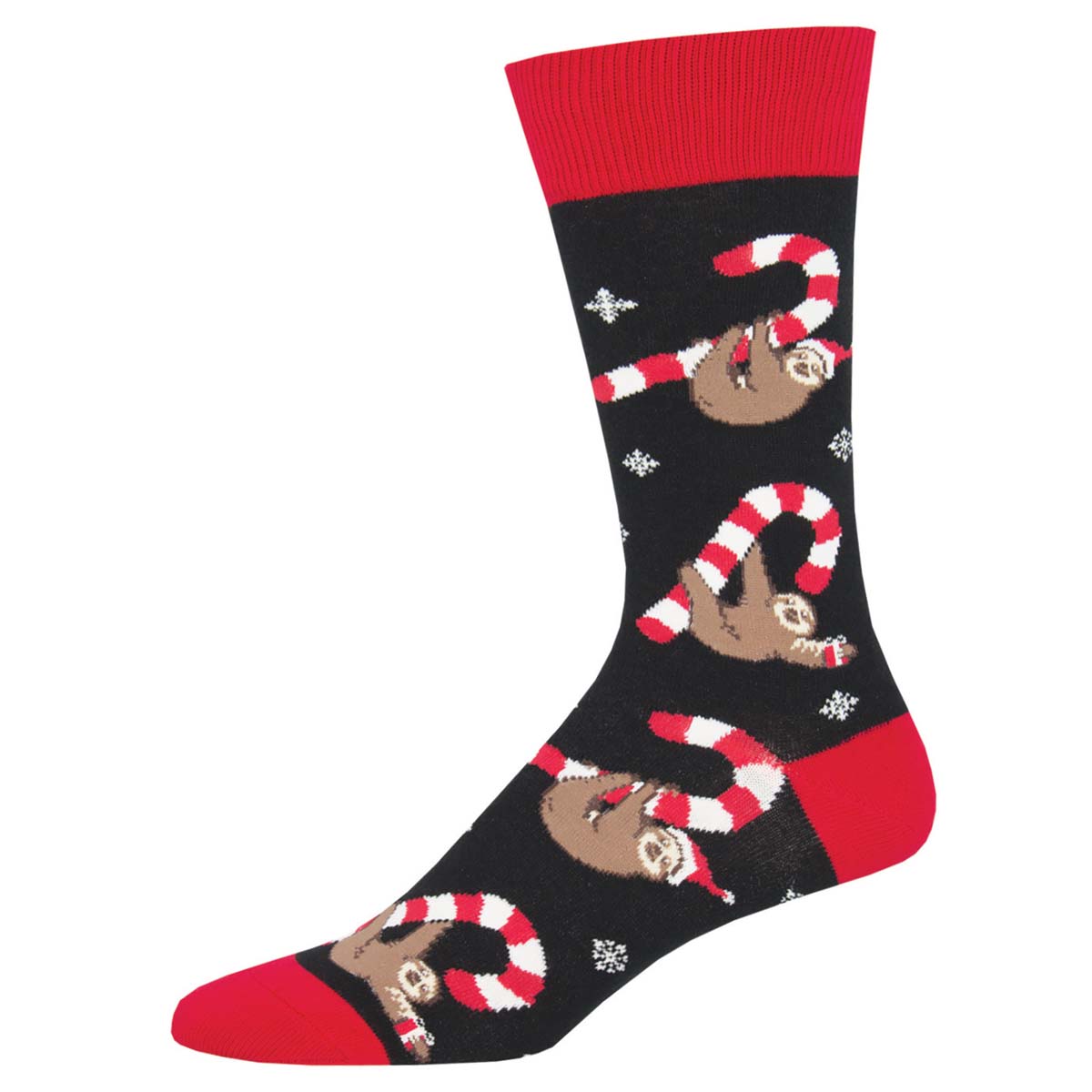 A pair of Christmas-themed crew socks featuring sloth animals holding candy canes, with a black background and red at the toe and heel.