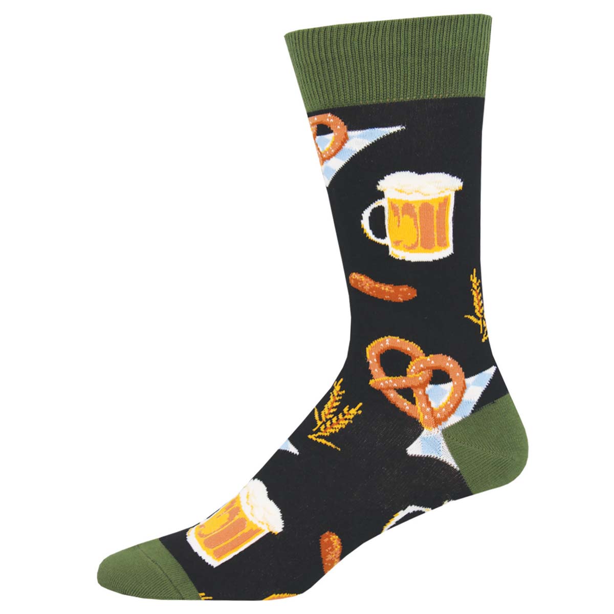 A pair of novelty cotton socks featuring a pattern with pretzels, beer mugs, and sausages on a black background with a green cuff.