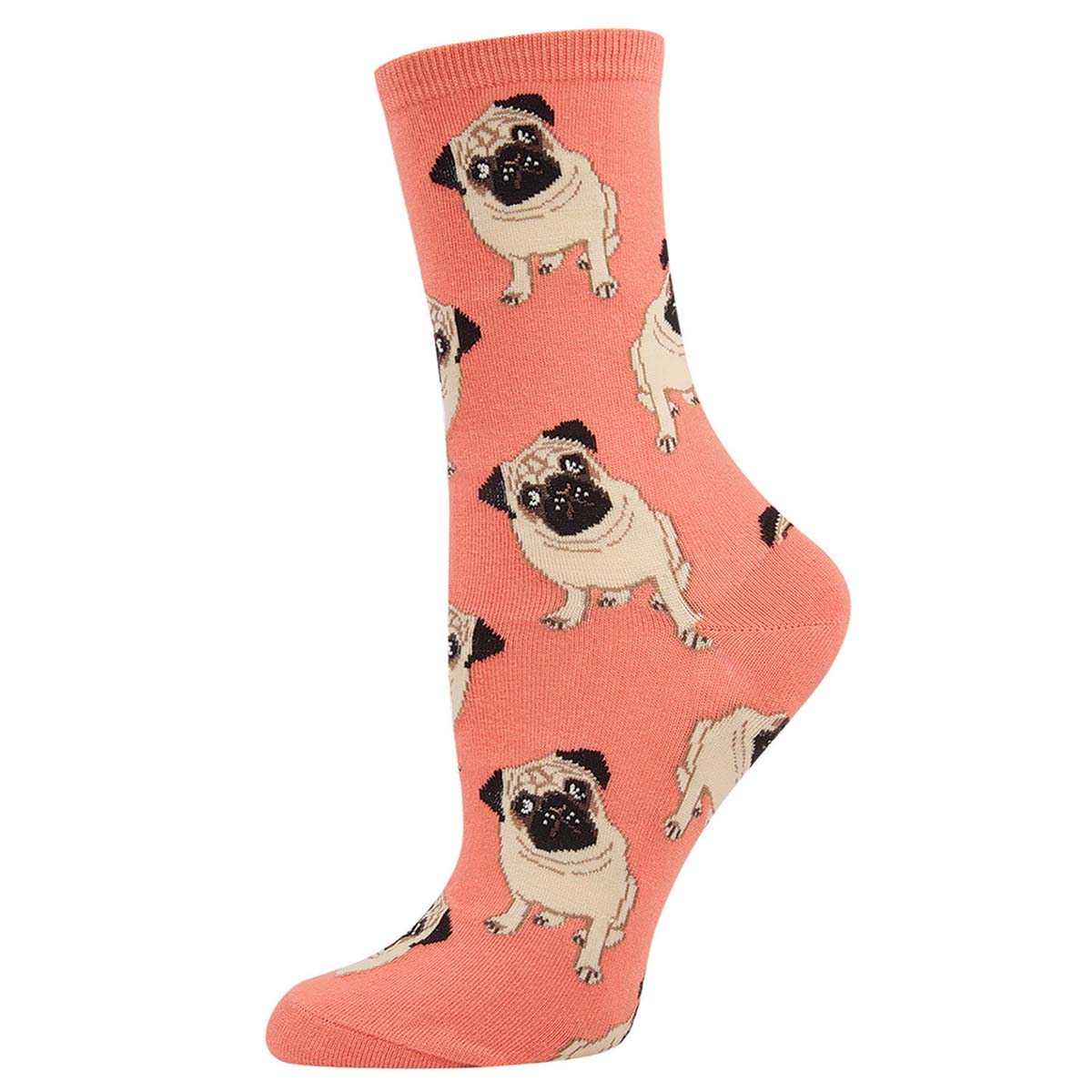 A peach crew sock with a pattern of multiple pugs in a repeat design.