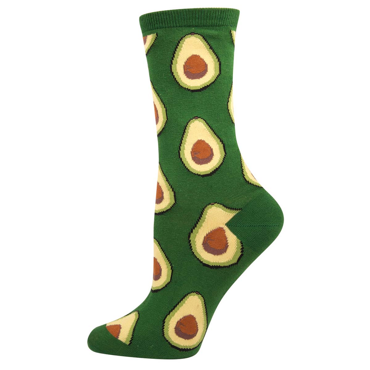 A pair of green crew socks with avocado designs