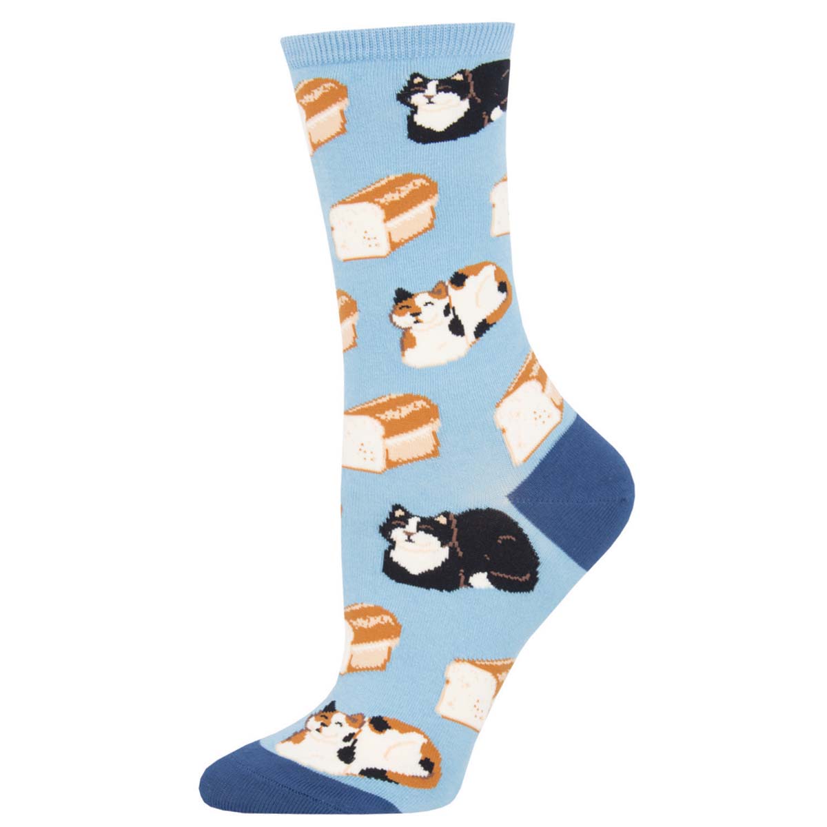 A pair of blue cotton crew socks featuring a 'cat loaf' bread pattern with black and white cats on a light blue background.