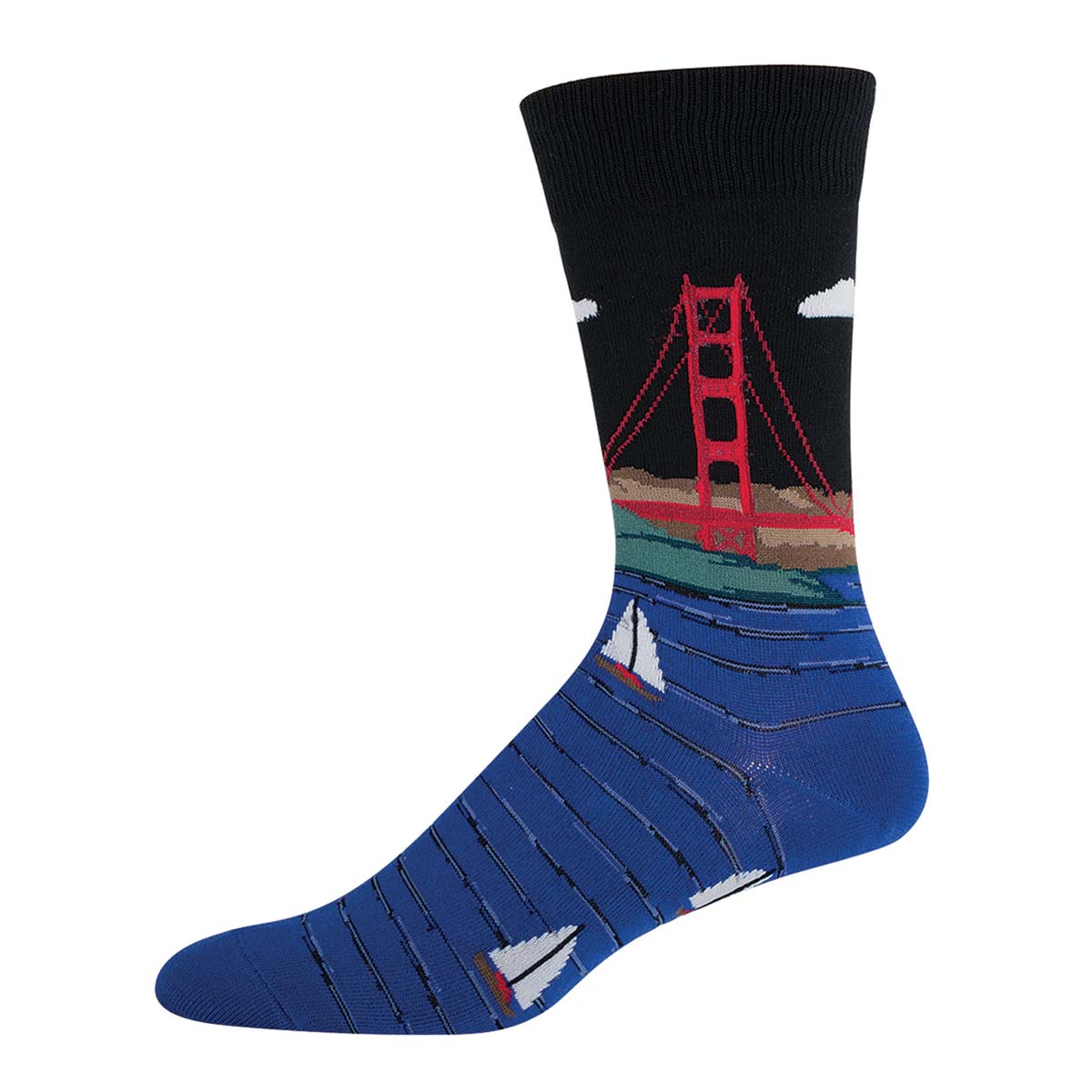 A pair of socks with the design of the Golden Gate Bridge, bay, and sailboats.