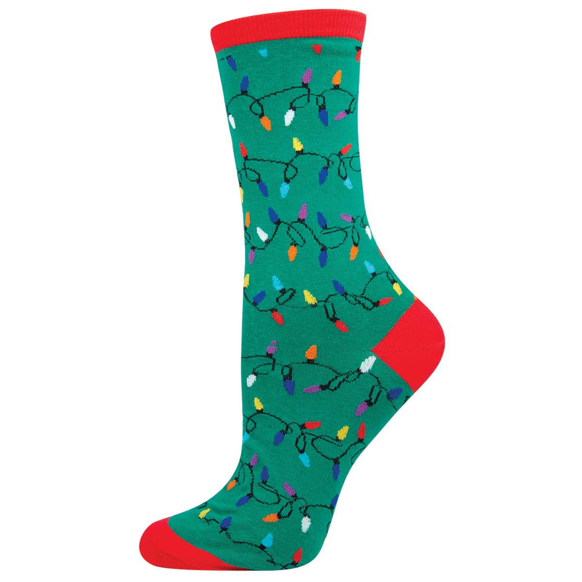 A pair of green Christmas socks with a pattern of colorful holiday lights and red trim.