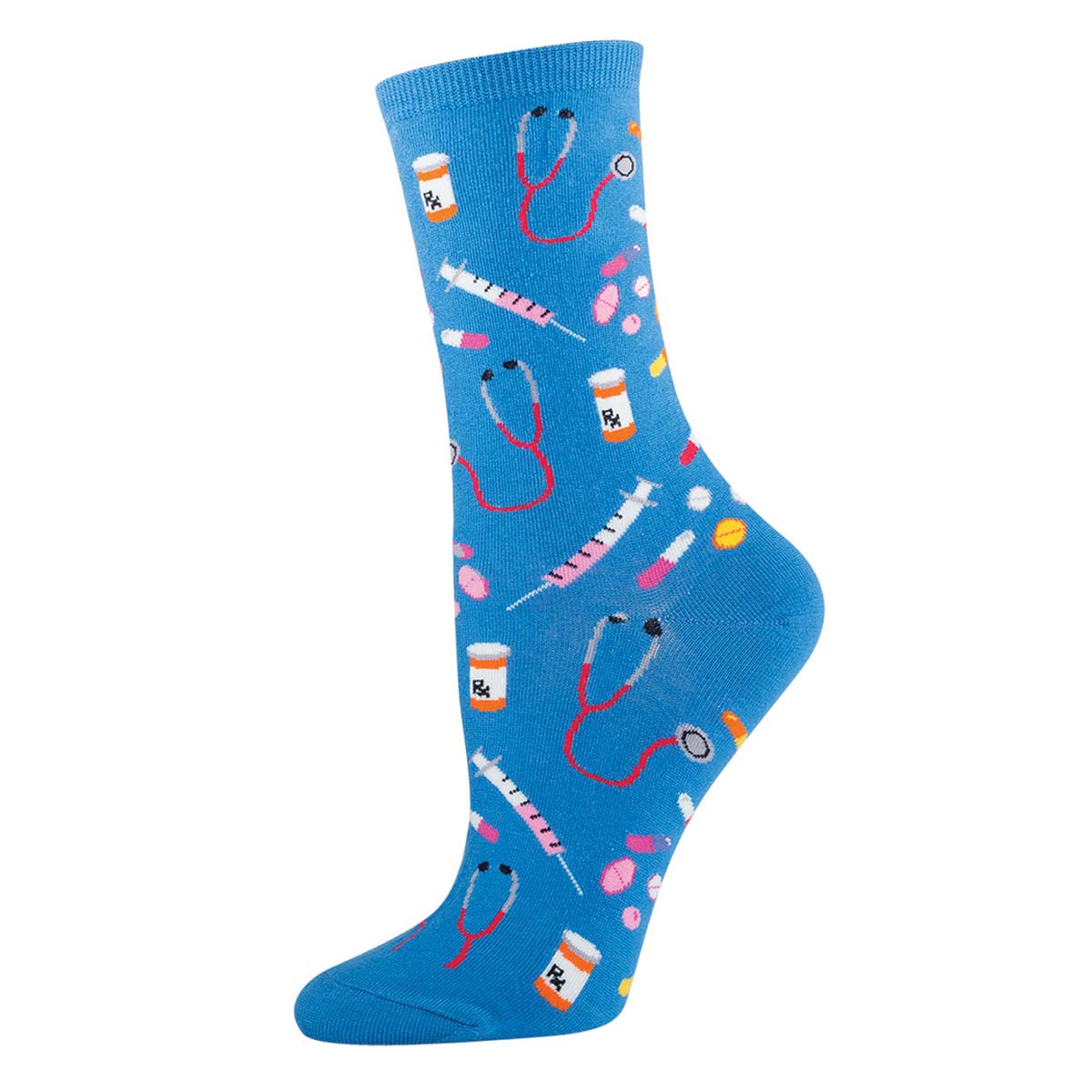 A cornflower blue crew sock with a variety of colorful pill designs and medical imagery, such as stethoscopes and laboratory flasks.