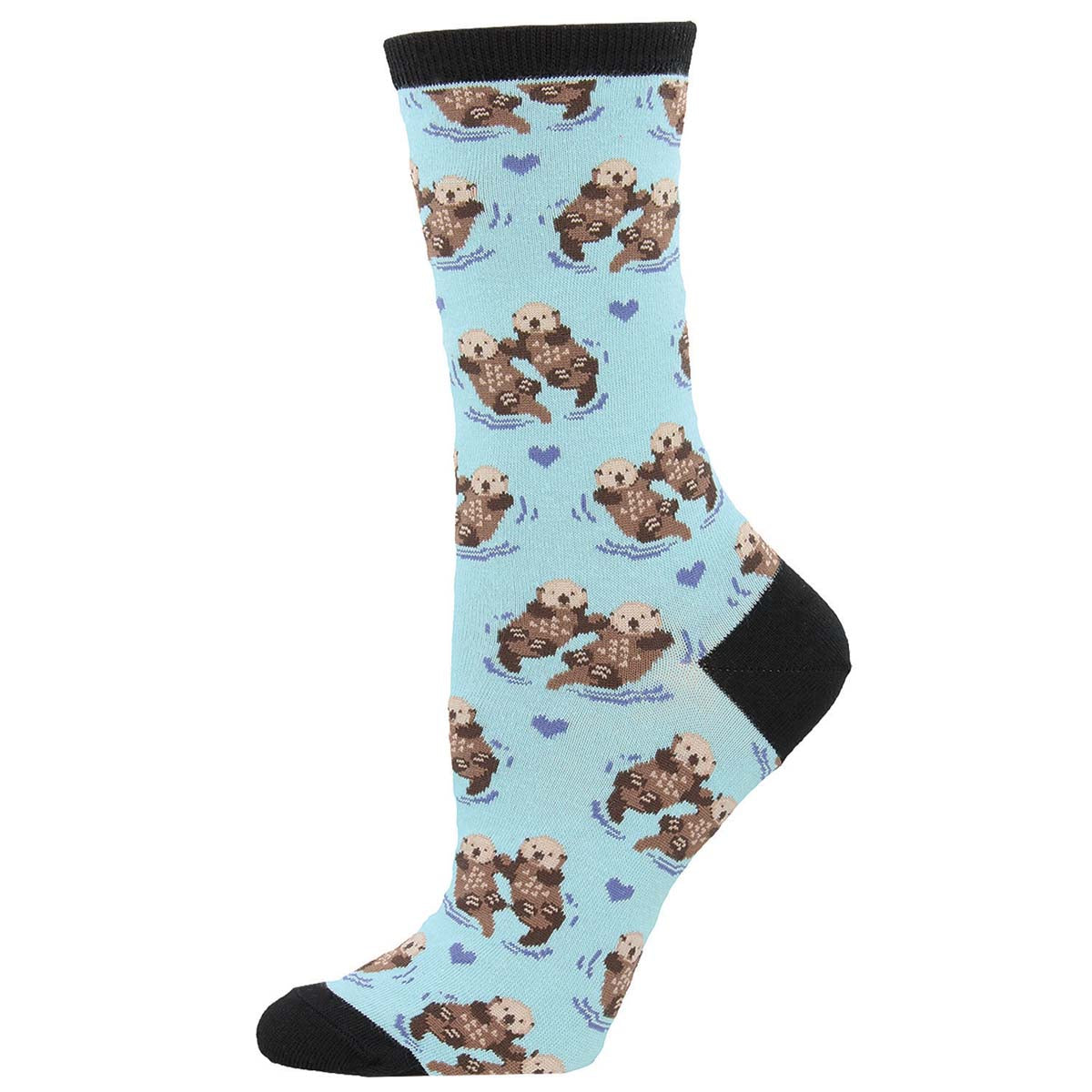 A pair of chalky blue crew socks with a pattern of otters holding hands and hearts. Significant Otter.