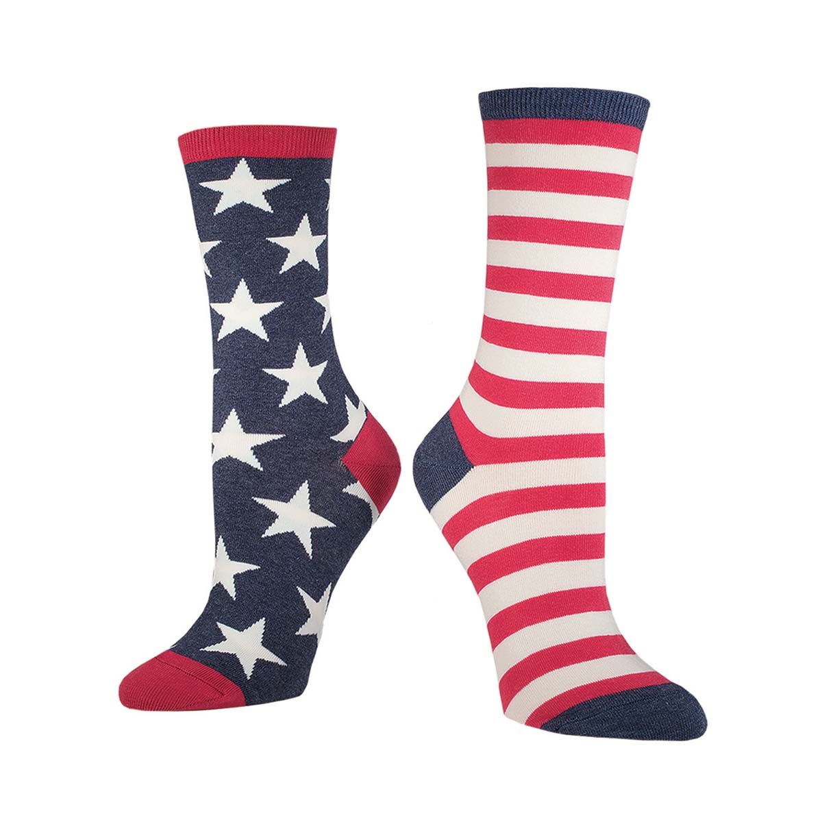 A pair of socks designed with American flag elements, one sock with white stars on blue background and the other with stripes of red and white.