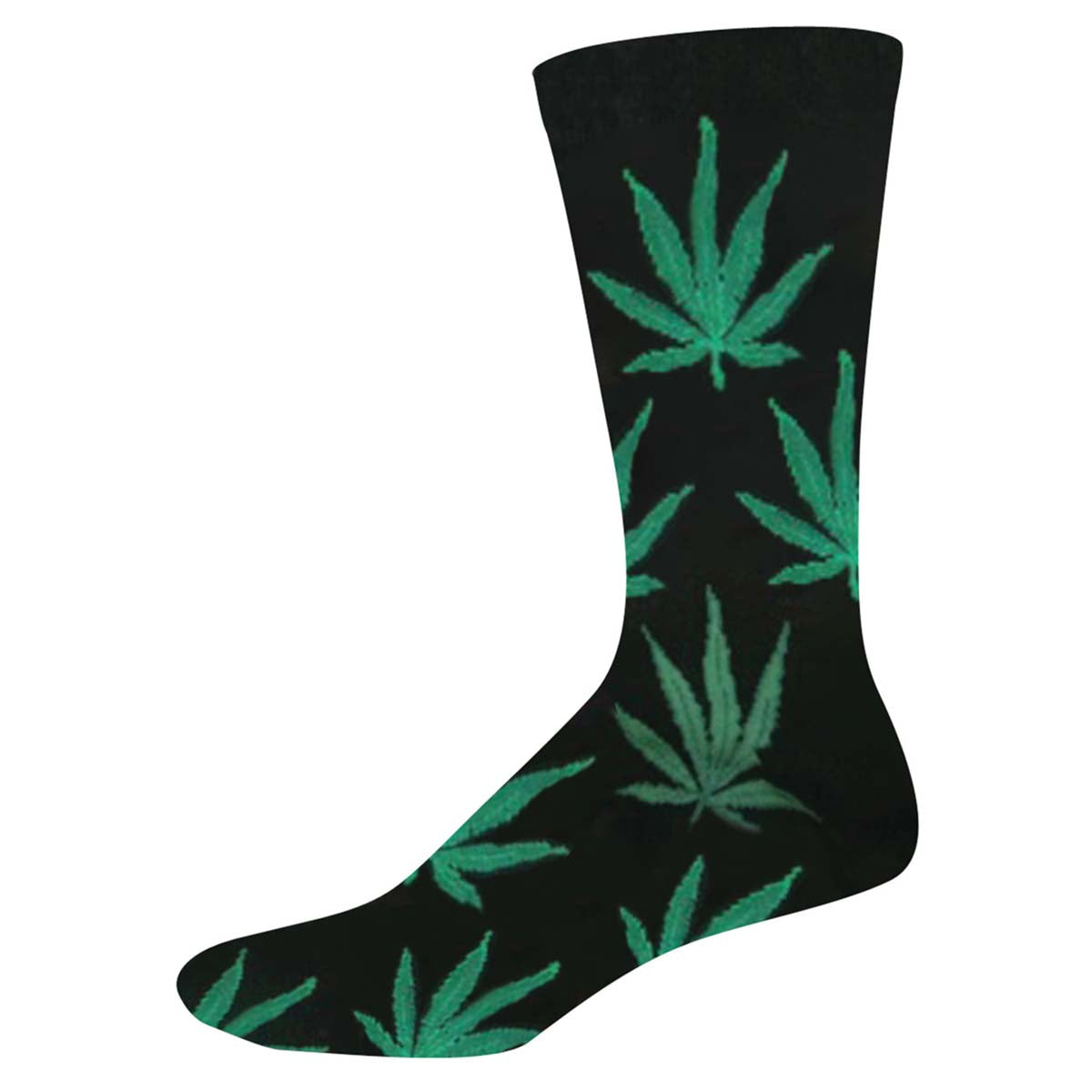 A black sock with green cannabis leaf patterns.