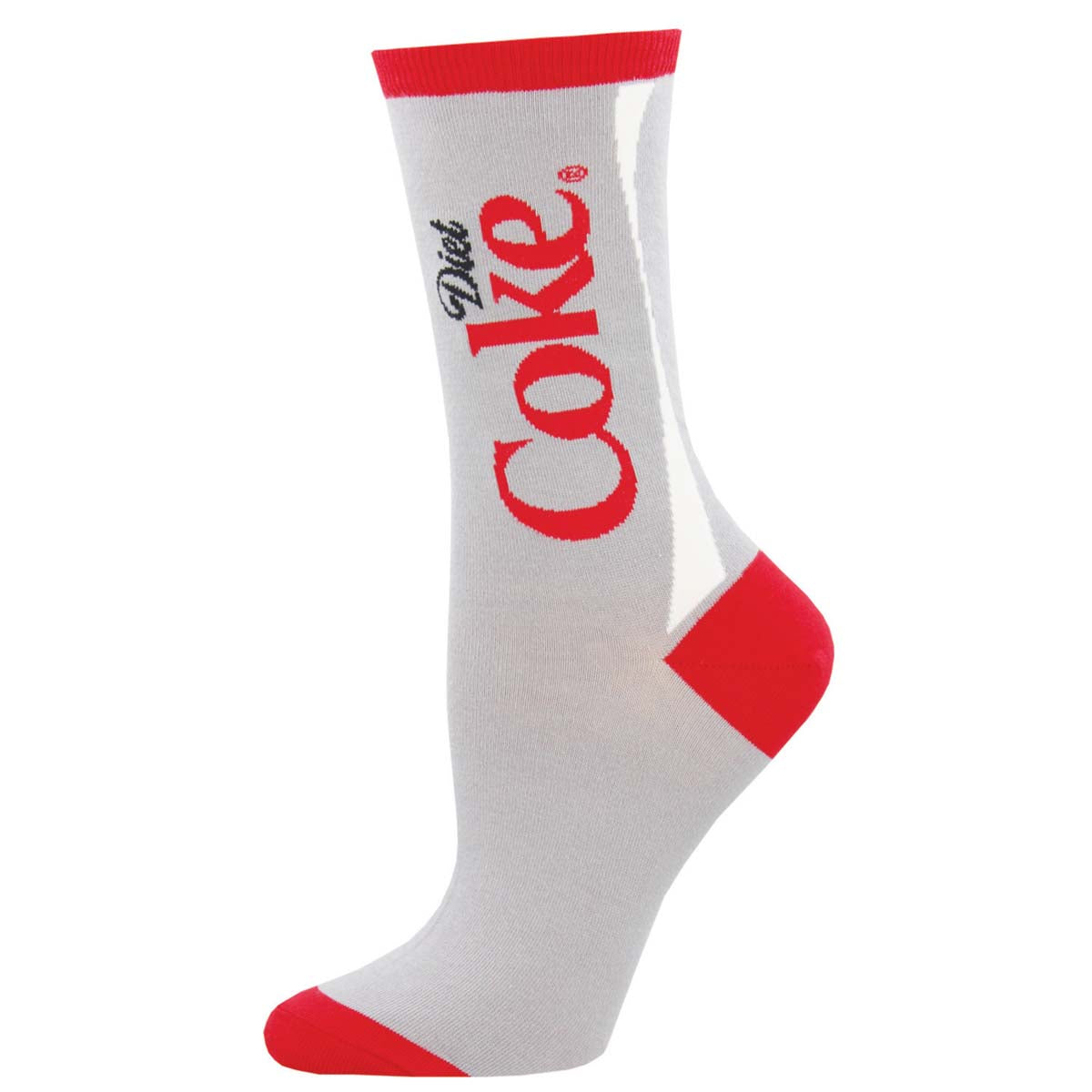 A pair of grey crew socks with the 'Diet Coke' logo in red text, featuring red accents at the top and bottom of the shaft.