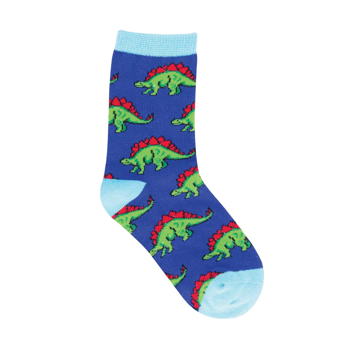 A pair of blue crew socks with a stegosaurus pattern