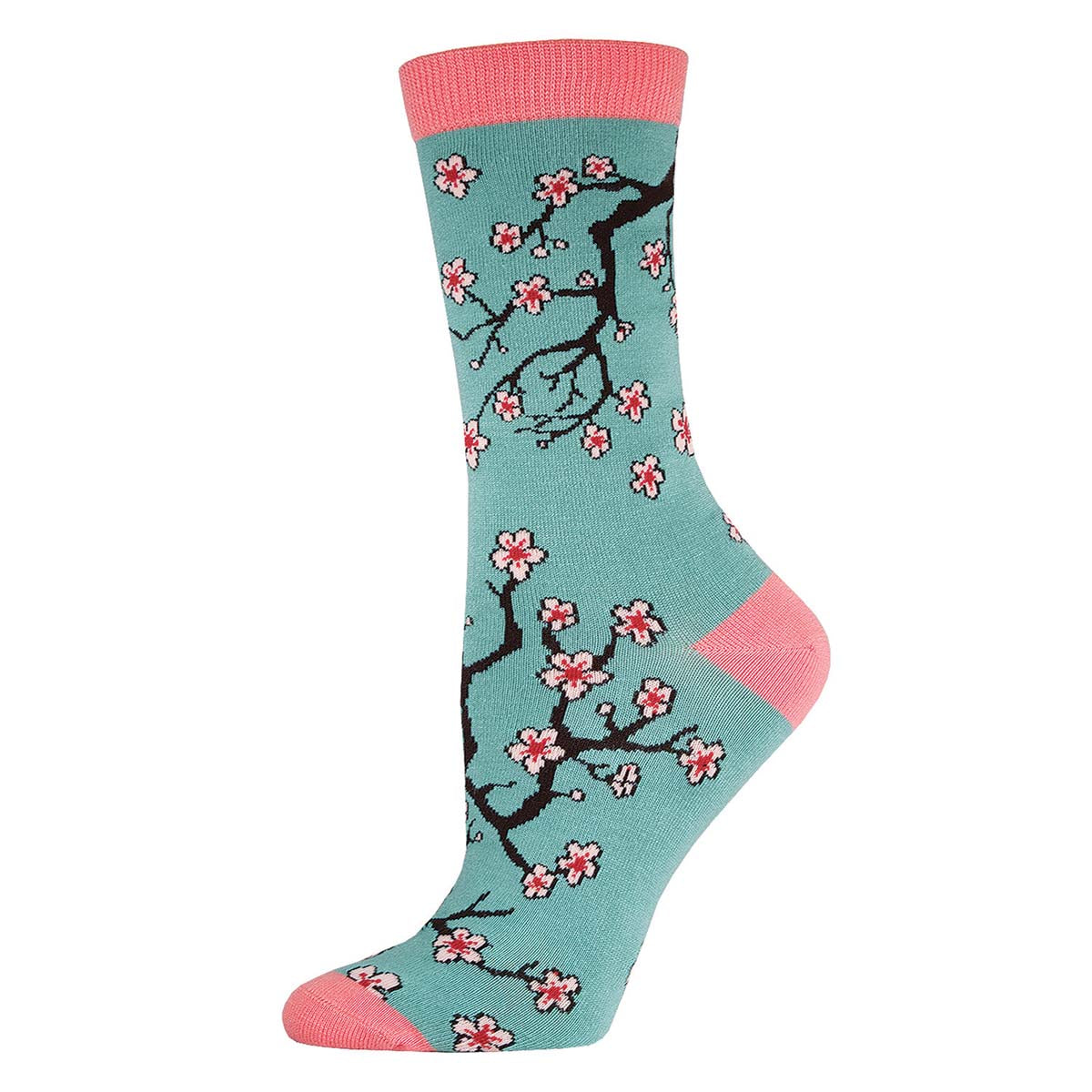 A pair of women's socks with a cherry blossom design in green and pink colors.