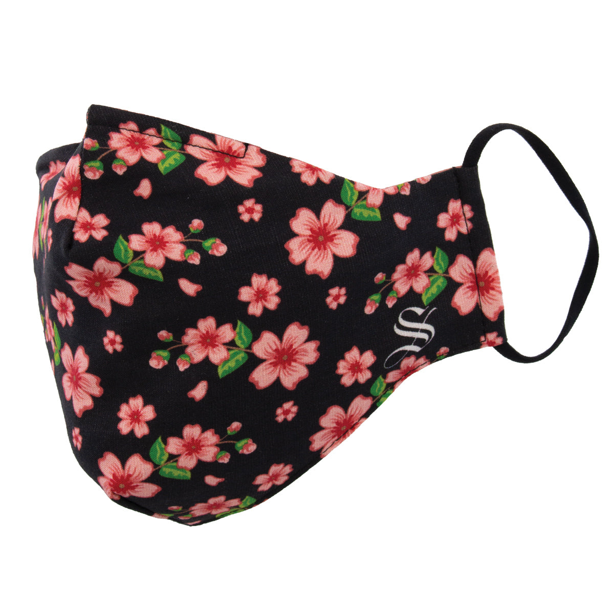 A black fabric face mask with a floral pattern of pink flowers and green leaves, featuring a metal strip across the nose bridge and a brand logo 'S' on the lower side.