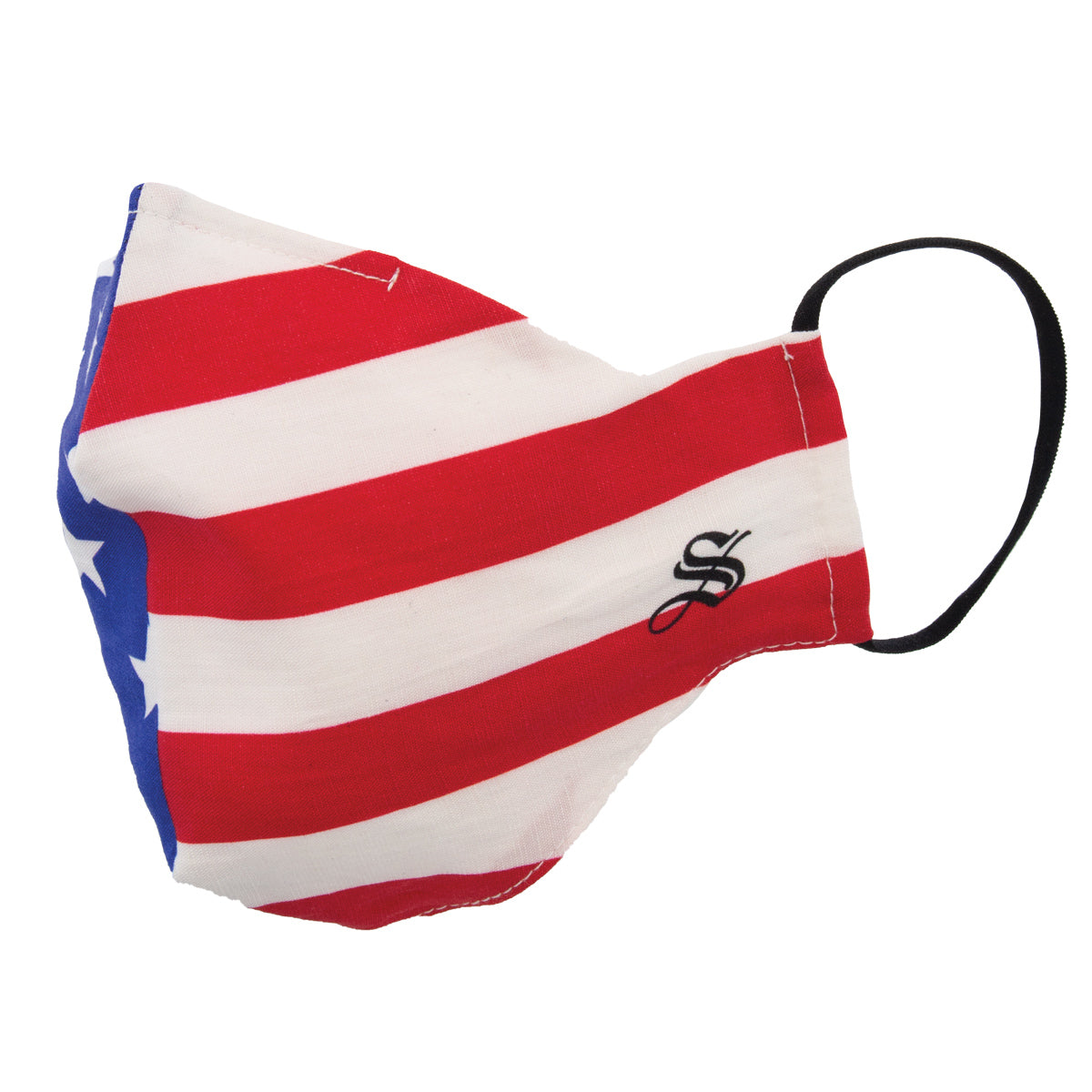 A face mask with a striped pattern in red, white, and blue, resembling the American flag, with a black adjustable strap and a metallic nose bridge.
