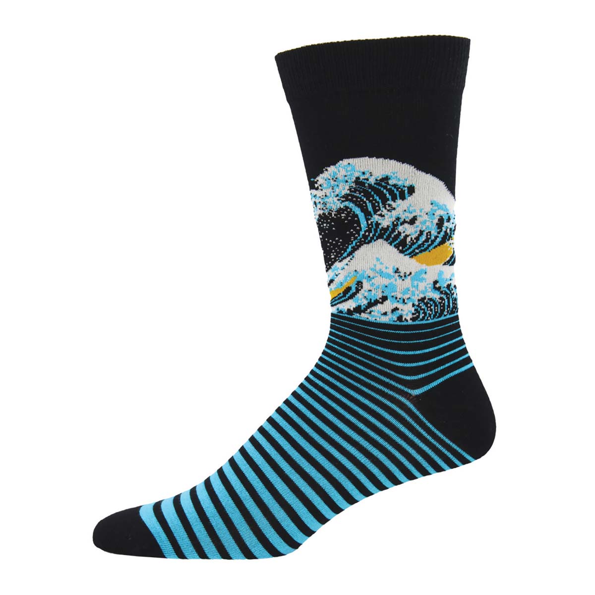 A pair of bamboo socks featuring a black background with blue and white stripes and a wave design inspired by 'The Great Wave off Kanagawa' artwork.