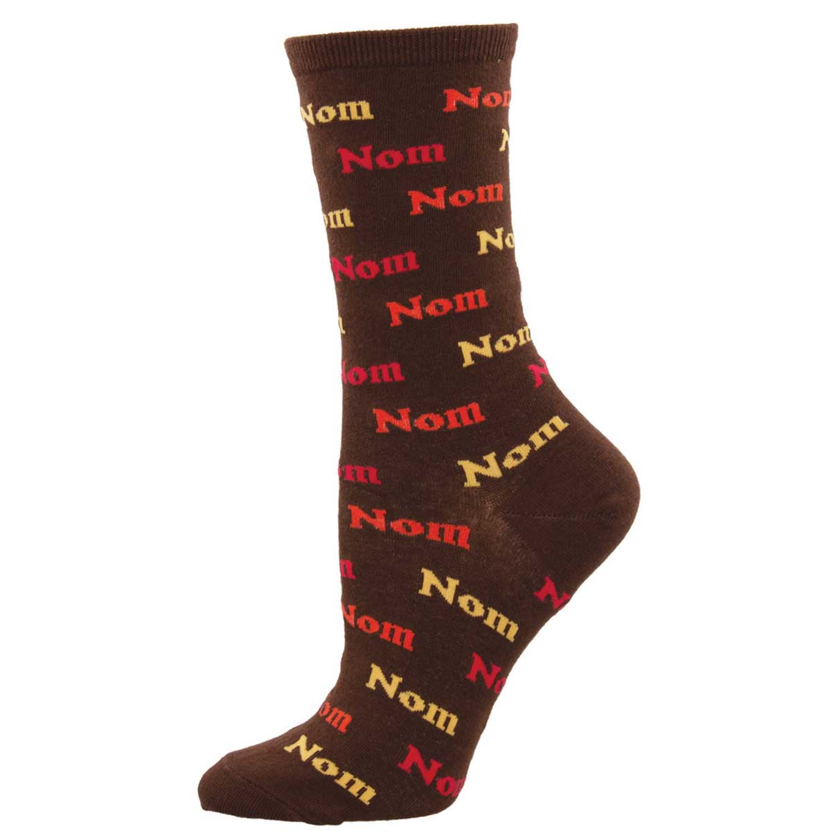A pair of brown cotton crew socks with the word 'Nom' printed in a repeating pattern in a red and yellow color scheme.