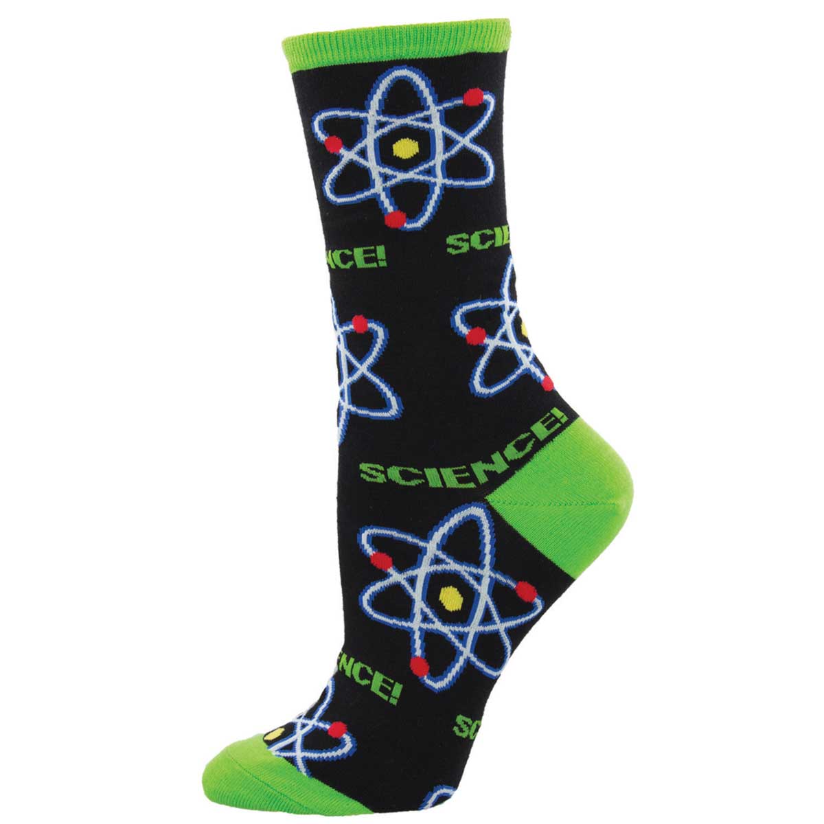 A pair of black novelty cotton crew socks with a science and atom pattern and green trim.